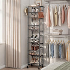 10 Tier Rotating Vertical Shoe Rack Tower, Wooden Tall Shoe Storage Organizer with Hooks, Sturdy Metal Narrow Shoe Shelf for 20 Pairs, Space Saving Rack for Closet Entryway, Rustic Brown - size: 10-tier(13.9 × 11.2 × 65.4)