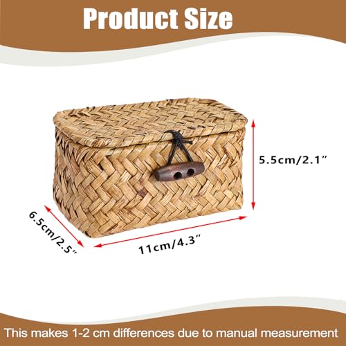 Hipiwe Handwoben Seagrass Basket With Lid Wicker Storage Baskets Decorative Shelf Basket Mini Desktop Organizer, Caramel 4.3" x 2.5" x 2.1" - color: Caramel color, size: 4.3" x 2.5" x 2.1"