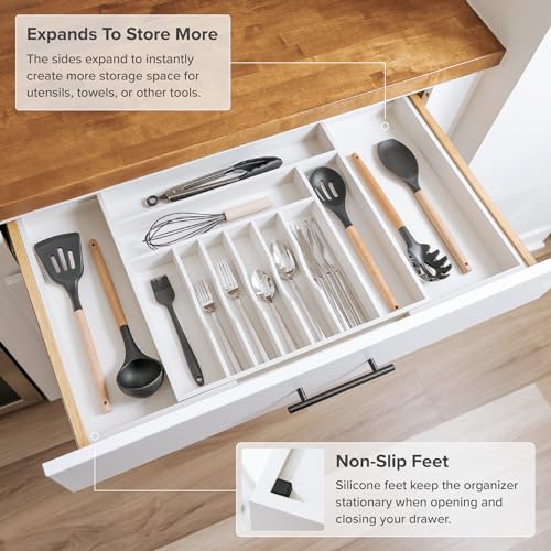 KitchenEdge Premium Silverware, Flatware and Utensil Organizer for Kitchen Drawers, Food-Safe Contract Grade, Expandable from 18 to 33 In, White Bamboo - color: White Bamboo, size: From 18" to 33" wide