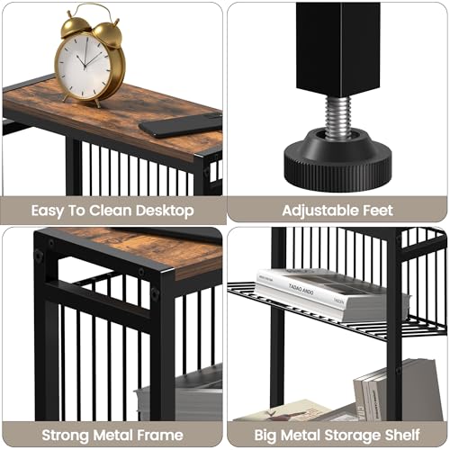 Small Side Table Set of 2 for Small Space, 3-Tier Narrow End Table with Magazine Holder, Slim Nightstand, Skinny Snack Couch Table in Living Room, Bedroom and Balcony (Rustic Brown &Black) - color: Rustic Brown-2pcs