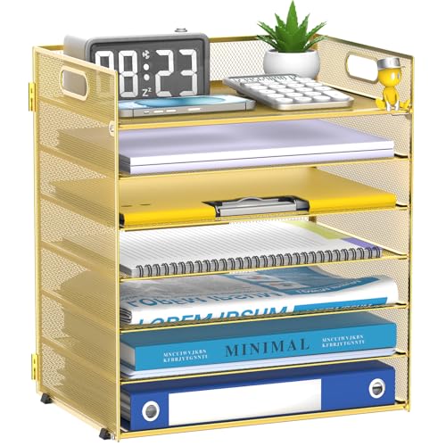 7 Tier Paper Organizer - Mesh Desktop File Holder with Handles for Office School Desk (Gold) - color: Gold