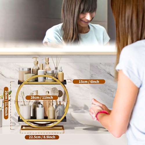 Makeup Organizer for Vanity, Black Gold Perfume Organizer for Dresser, 2-Tier Bathroom Countertop Organizers, Bathroom Counter Shelf Skincare Holder Perfume Tray Cosmetic Display - color: ‎black Gold, Circular