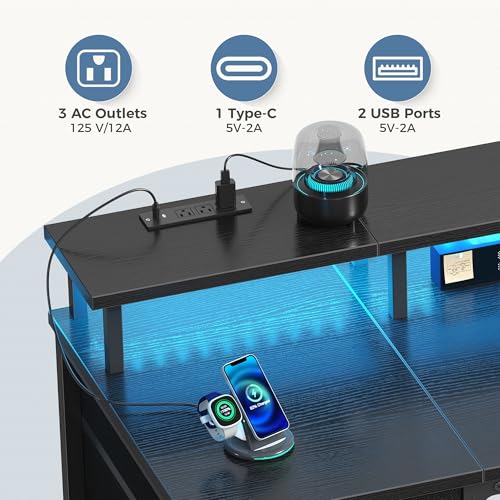 DUMOS Computer Desk with 4 Drawers,4 Drawer Gaming Desk with Power Outlets and LED Lights,Office Desk for Small Spaces with Monitor Shelf,Writing Desk for Home Office, Bedroom,Study 39 Inch Black - color: Black, size: 40-In