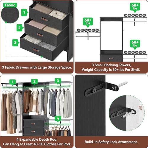 Armocity 5FT Small Closet System with 3 Fabric Drawers, 60 Inches Walk In Closet Organizer System With 3 Adjustable Shelves, Heavy Duty Clothes Rack Built-In Garment Rack, 59" L x 16" W x 71" H, Black - color: Black