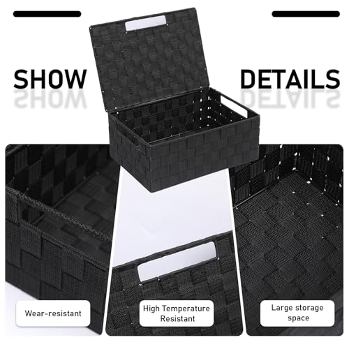 Storage Bins Woven Organizer with Lids Set of 5 – Polypropylene Storage Baskets with Metal Frame, Stackable Fabric Boxes for Drawers, Closet, Shelf, Nursery and Office, Black - color: Black, size: 5PCS-with lid