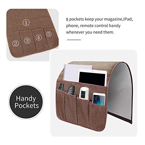 Sofa Armrest Organizer, Remote Control Holder for Recliner Couch, Arm Chair Caddy with 5 Pockets for Magazine, Tablet, Phone, iPad - color: Brown, size: W13'' x L33''