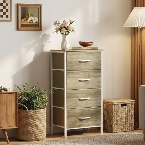 Sweetcrispy Nightstand Small Bedroom Dresser with 4 Fabric Drawers,Bed Side Furniture End Table,Wooden Top Cabinet Night Stand Dresser for Closet,Entryway,Dorm,Oak Greige - color: Oak Greige, size: 17.7"D x 11.8"W x 37"H (4 Drawers)