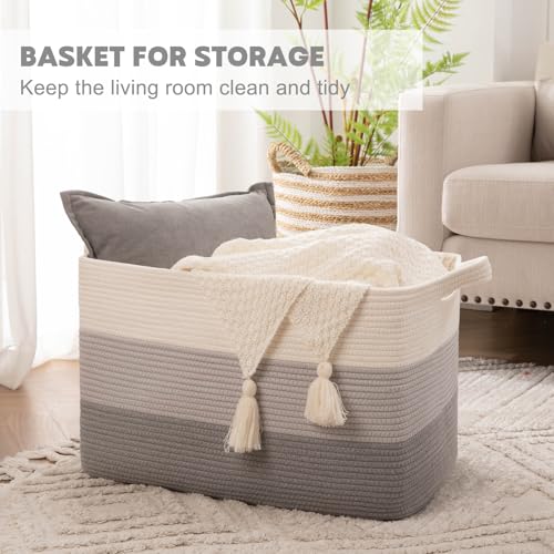 OIAHOMY Large Blanket Basket, 65L Cotton Rope Woven Laundry Basket, Toy Bin for Baby Room, Container for Blanket Storage in Living Room, 20''×16''×12'', Gradient Grey - color: Gradient Grey, size: 65L