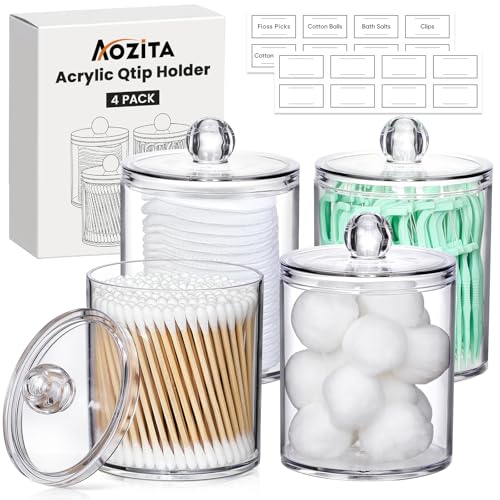 4 Pack Acrylic Qtip Holder Dispenser for Cotton Swabs, Balls, Pads, Floss Picks- Small Clear Acrylic Canister Apothecary Jar Set, Bathroom Essentials Accessories Decor, Vanity Makeup Storage Organizer - color: Clear, size: 4 Pack