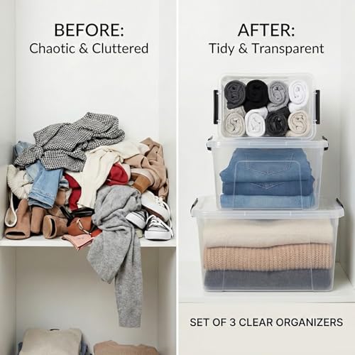 Clear Storage Latch Box/Bin, 3-Pack Plastic Organizing Container with Handle and Lids (7QT/16QT/22QT) - color: Clear, size: 7qt/16qt/22qt