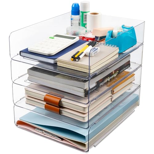 Tiawudi Desk Organizer, Clear Office Organization and Storage, Plastic Letter Tray, Stackable File Organizer for Classroom, Home, Documents, Notes, Folders, Books and Pens, 4 Tier - color: Clear