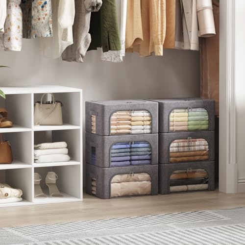 Lifewit Clothes Storage Bins with Metal Frame, Stackable Storage Box, Foldable Clothing Storage Bins with Lids, 25L Storage Bags Fabric Box Organizer with Clear Window＆ Zippers＆ Sturdy Handles 6 Pack - size: 25L