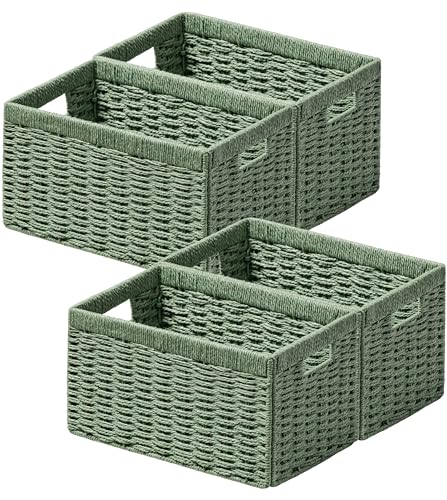 UBBCARE 4 Pack Wicker Basket, 13.4L×8.3H×7.1W inch Woven Paper Rope Storage Baskets for shelves, Foldable Rectangular Storage Baskets with Handle, Storage Basket for Organizing, Green - color: Green, size: 4pack Medium