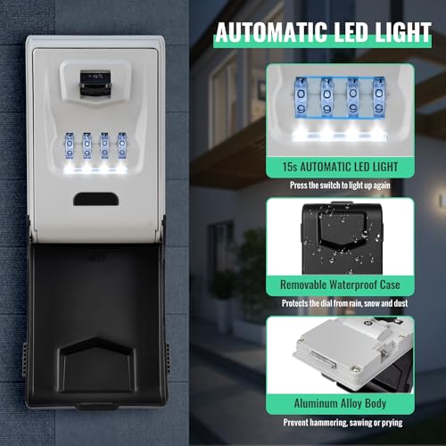 Key Lock Box for Outside with Light Up Dials - Sturdy Waterproof Combination Key Holder Wall Mount Key Storage Box for House Keys- Resettable Code Safe Security Outdoor LockBox Large Capacity