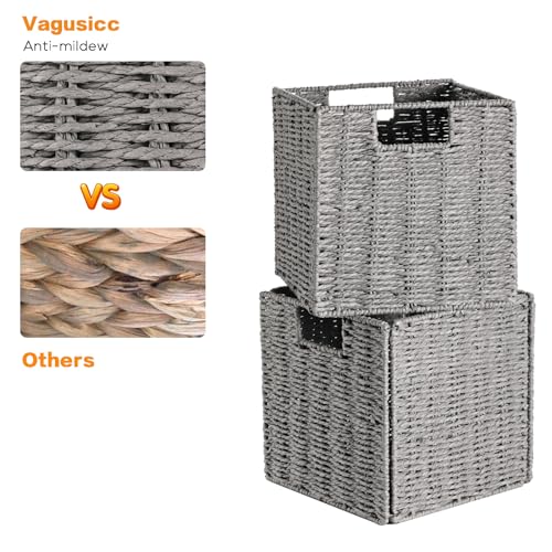 Vagusicc Wicker Storage Basket, Set of 2 Hand-Woven Storage Baskets for Shelves with Handles, Foldable Cube Storage Baskets Bins Organizer 13 inch Large Wicker Baskets for Pantry Bedroom Decor, Grey - color: Grey, size: 13'' x 13'' x 13''