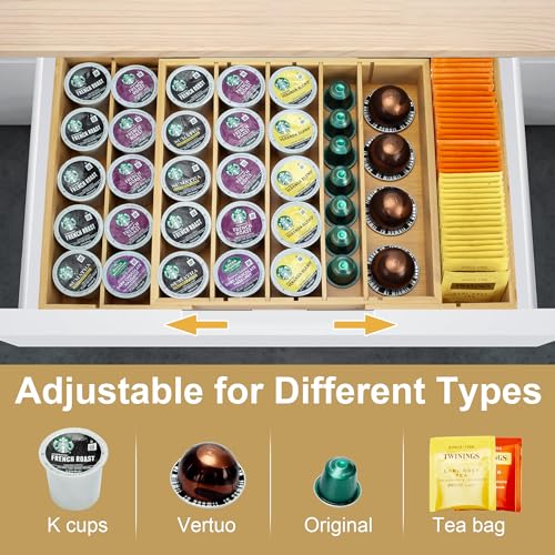 MinBoo Bamboo K Cup Holder for Drawer or Countertop Coffee Pod Holder Expandable K Cup Pod Storage Tea bag organizer K Cup Storage for Coffee Station Home Office and Kitchen - color: Natural