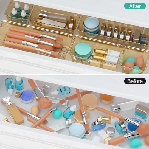 WOWBOX 6 Pack Clear Drawer Organizer Set, Acrylic Drawer Storage Trays, Storage Bins for Makeup, Cosmetics, Jewelries, Utensils, Gadgets, Office, Champagne - color: Champagne, size: 6 PCS