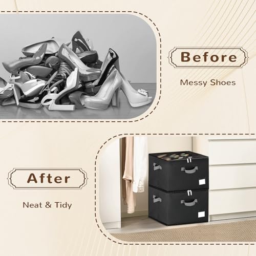 2 Pack Shoe Organizer for Closet, Large Shoe Box Storage Containers,Shoe Storage Box Fits 12-16 Pairs,Fabric Shoe Storage Bins with Clear Cover,Black - color: Black