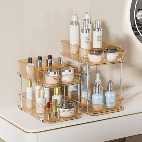 Delamu 2-Tier Under Sink Organizers and Storage, Multi-Purpose Stackable Bathroom Cabinet organizers, Pull Out Kitchen Pantry Organization and Storage with Dividers(2 Pack, Amber) - color: Amber, size: 2 Pack