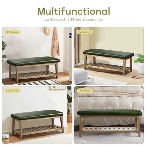 HUIMO Entryway Shoe Bench with Cushion, End of Bed Bench,Upholstered Bench for Kitchen, Bench with Solid Wood Shelf, Leather Ottoman Bench for Hallway, Living Room (PU-Green) - color: Pu-green