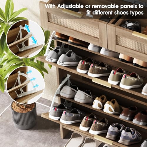 Halitaa Shoe Cabinet with 2 Flip Drawers & 2 Drawers,Farmhouse Shoe Storage Cabinet for Entryway,Slim Freestanding Narrow Organizer Rack for Front Door Entrance,Rustic Oak Rattan - color: Rustic Oak Rattan, style: 2-Drawers