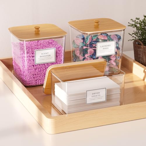 4 Pack Clear Laundry Pod Container, Laundry Room Organization Containers with Wooden Lids & Labels - Large Detergent Powder Storage for Room Organization, Scent Booster Holder - style: 4 Pack