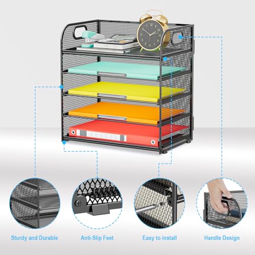 Paper Organizer Letter Tray with Handle, 5-Tier Black Stackable Desk Organizer with Metal Mesh, Sturdy Paper Tray for Office Desk, Home & Classroom Supplies Storage - color: Black, size: 12.6" x 9.1" x 13.4"