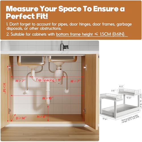 1 Pack Expandable Under Sink Organizers Storage With Upgrade Ball-Bearing Slide Tracks,2-Tier Pull Out Under Cabinet Organizer Height Adjustable,Not Suitable For Cabinets With Partitions In The Middle - color: White, size: 1 Pack-15.3"-24.2"W