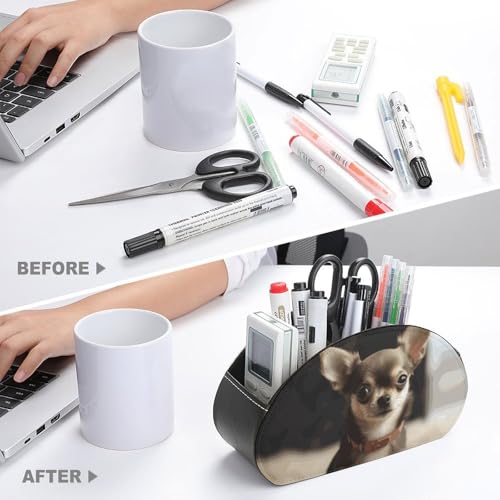 PU Leather Remote Control Organizer Box 5-Slot Multifunctional Cute Chihuahua Storage Holder for TV/DVD/Accessories Stylish Desk Decor for Living Room, Bedroom, Office - color: Cute chihuahua