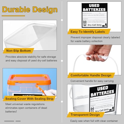 Baderke Battery Disposal Container Battery Recycling Container 1.32 Gallons Capacity Dry Cell Storage Recycling Bin with Label(Orange,Square) - color: Orange