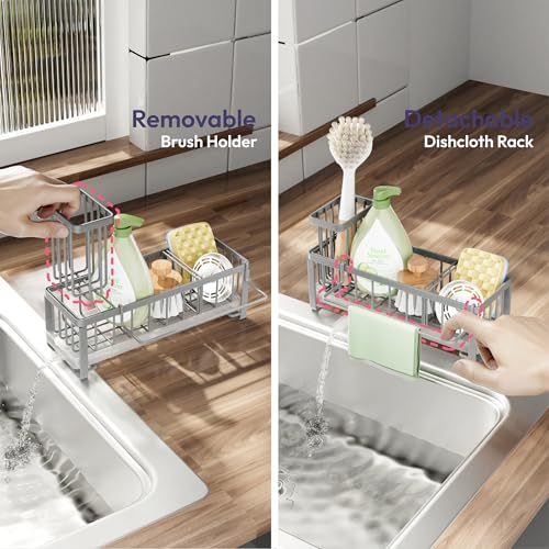 SWTYMIKI Sponge Holder for Kitchen Sink - Sink Caddy with Brush Holder Self-draining Sponge Caddy Organizer with Divider Stainless Steel Kitchen Accessories Storage for Countertop, Gray - color: Gray