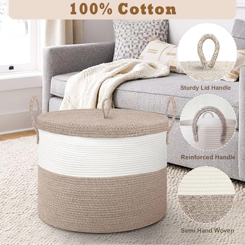 21" x 18" Extra Large storage baskets,Decorative blanket basket with lid for Living room,rope baskets with lid,wicker hamper for bedroom,Big,Round,White & Brown 115L - color: White & Brown