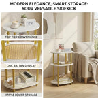 Small Rattan Side/Accent Table with Storage, 3 Tier Round/Oval End Table with Rattan Shelf & Metal Basket, Boho Nightstand, Tool Free Assembly/Screw-Hole Free Tabletop-Living Room Bedroom-Black - color: White-rattan, size: 1PC