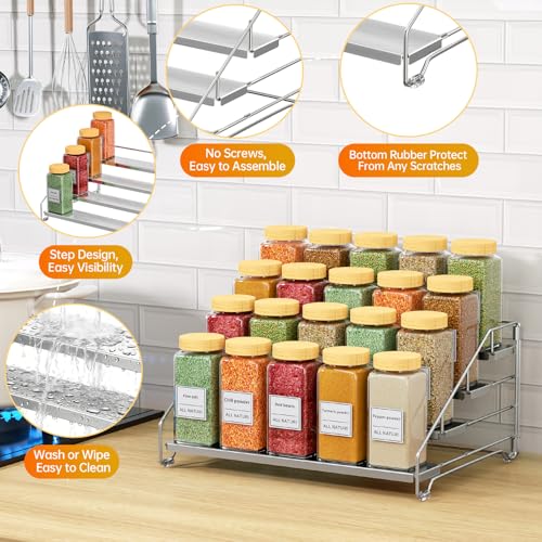 RCHYFEED Spice Rack Organizer for Cabinet, 4 Tier Spice Rack, Depth Adjustable Spice Organization for Cabinet Easy Visibility, Tiered Adjustable Spice Shelf for Kitchen Countertop Pantry Cupboard