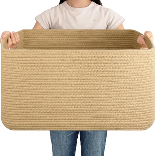 OIAHOMY 75L Large Blanket Basket, Woven Cotton Rope Baskets for Organizing 22”x17”x12”, Blanket Basket living Room, Toy Storage Bins for Nursery, Yellow - color: Yellow, size: 22”x17”x12”