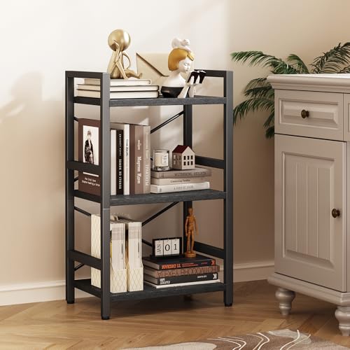 Homeiju Bookshelf, 3 Tier Industrial Bookcase, Metal Small Bookcase, Rustic Etagere Book Shelf Storage Organizer for Living Room, Bedroom, and Home Office(Black) Patent Pending D29873033 - color: Black, size: 3 Tier