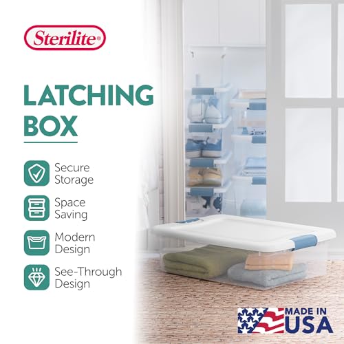 Sterilite 32 Qt Latching Storage Box, Stackable Bin with Latch Lid, Organize Linens, Towels, Clothing in Home Closet, Clear with White Lid, 18-Pack - size: 32 Quart, style: 18 Pack
