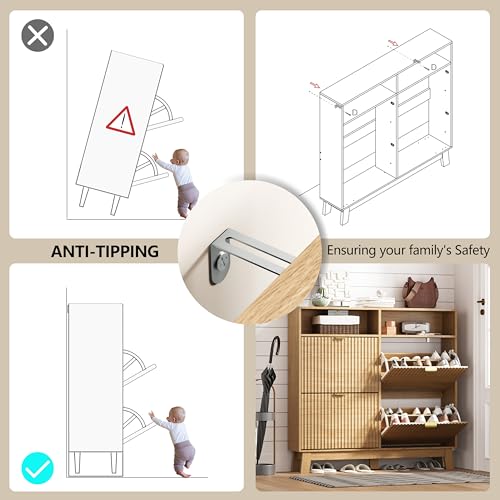 HUANLEGO Shoe Cabinet Storage for Entryway with 4 Flip Drawers, Fluted Narrow Shoe Organizer with Wooden Legs & Top Cubby, Freestanding Slim Shoe Storage Hidden Shoe Rack for Front Door Entrance, Oak - color: Oak, size: 4 Drawer with Cubby