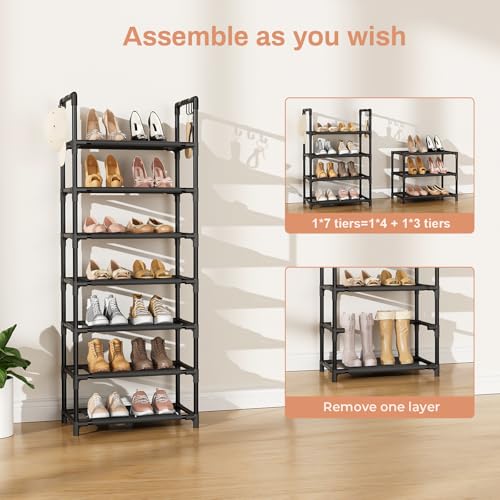LANTEFUL 7 Tiers Shoe Rack 18-20 Pairs Boots Organizer Storage Sturdy Narrow Shoe Shelf for Entryway, Closets with Hooks, Black - color: Black, size: 7 Tier-47.6" High-17" Wide