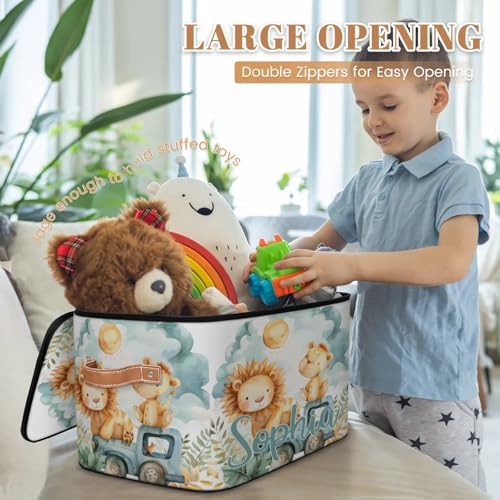 Custom Storage Basket with Name, Personalized Storage Bins with Zipper Lid, Foldable Fabric Storage Box Large capacity with Handle Lion Car - color: Option 22