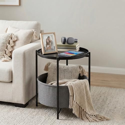 danpinera Round Side Table with Fabric Storage Basket, Metal Small Bedside Nightstand Removable Tray Top for Living Room, Bedroom, Nursery, Laundry, Ink Black - color: Ink Black