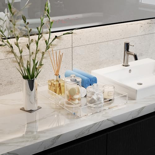 ATZYmolin 16"x12" Large Acrylic Serving Tray Decorative Ottoman Coffee Table Vanity Tray Tea Fruit Platter Snack Appetizer Dessert Drink with Handles for Bar Kitchen Party, Clear - color: Clear - Medium