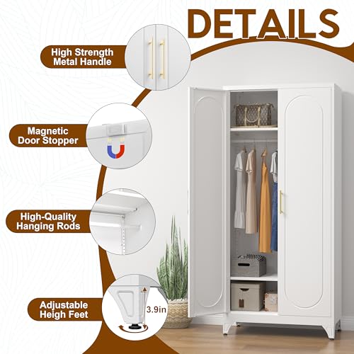 UNICOLY Armoire Wardrobe Closet with Doors, 71'' Wardrobe Cabinet with Hanging Rod, Metal Closet with 2 Adjustable Shelves for Bedroom School, Employee, Gym, Armarios De Ropa para Dormitorio, White - color: White, size: 71 Inch arched-J with 0 Drawers