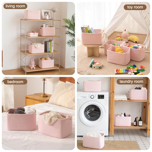 OIASKET Storage Baskets for Organizing, Woven Decorative Baskets for Shelves - Books, Towels, and Clothes, Cotton Rope Toy Storage Bins, 12.7''Lx9''Wx7.8''H, Pack of 4, Pink - color: Pink
