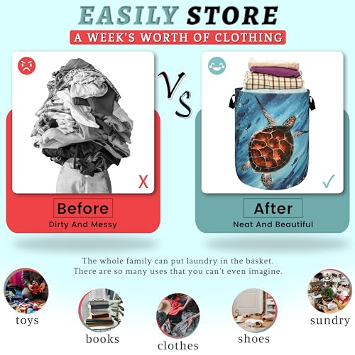 Sea Turtle Laundry Basket Foldable With Handles Watercolor Turtles Tote Bag Oxford Cloth Colorful Animal Laundry Hamper Clothes Toy Storage Bucket For Bathroom/Laundry/Bedroom 18.9"x 16.5 " - color: Watercolor Turtles