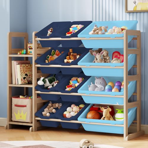 Toy Storage Organizer - Toy Organizers and Storage with Bookshelf, Toy Storage Shelf with 3 Shelves and 12 Storage Bins, Kids Bookshelf and Toy Storage for Kids Room, Playroom, Bedroom, Nursery, Blue - color: Blue, size: 42.2 inches (L) x 11 inches (W) x