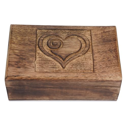 Ajuny Wooden Decorative Jewelry Box with Heart Design Carving - Multipurpose Treasure Chest Storage Keepsake Box Necklaces Watch Organizer Boxes Birthday Gifts for Women & Men 8x5 Inch - style: Heart Carved Center