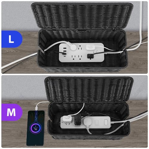 2Pack Large Cable Management Box Black, Handwoven Imitation Rattan Cord Organizer Cord Hider, Desk Cord Management Box to Hide Cords and Power Strips on Desk or Floor - color: Black, size: 2 Pack (M+L)