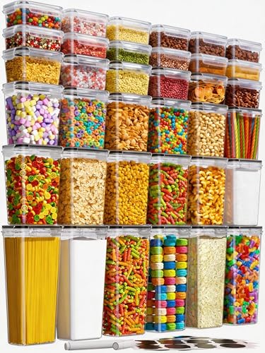 KEMETHY 36 PCS Airtight Food Storage Containers with Lids, Kitchen Pantry Organization and Storage, BPA-Free Plastic Scale Food Canisters for Cereal, Flour, Sugar, Dry Food, Include Labels & Marker - color: 36 Piece