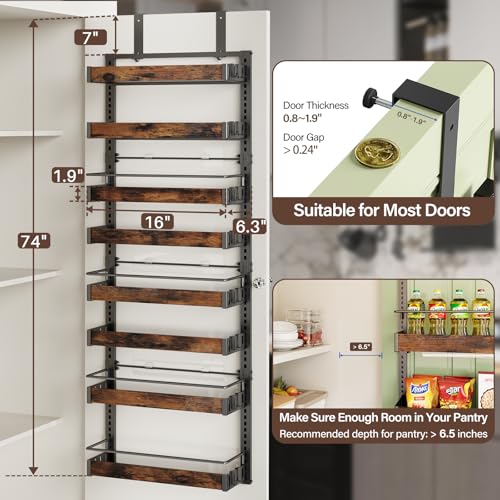 8 Tier Over The Door Pantry Organizer, 2 IN 1 Wall Mount or Metal Hanging Spice Rack for Pantry Organizers and Storage, Seasoning Shelves，Adjustable Basket with Hooks for Kitchen Cabinet and Closet - size: 8 Tier